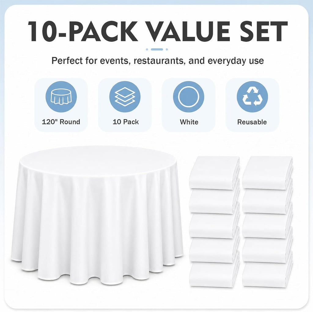 10 Pack 120 Inch White Round Tablecloth, Washable Polyester Tablecloths Stain & Wrinkle Resistant, Elegant Fabric Table Cloth for Wedding Party Banquet Dining Decoration Banquet, Formal Events