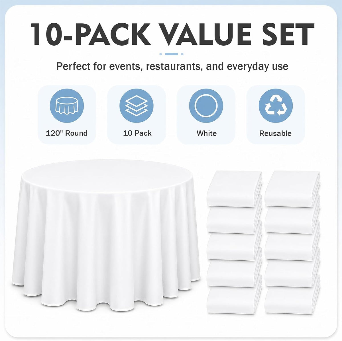 10 Pack 120 Inch White Round Tablecloth, Washable Polyester Tablecloths Stain & Wrinkle Resistant, Elegant Fabric Table Cloth for Wedding Party Banquet Dining Decoration Banquet, Formal Events