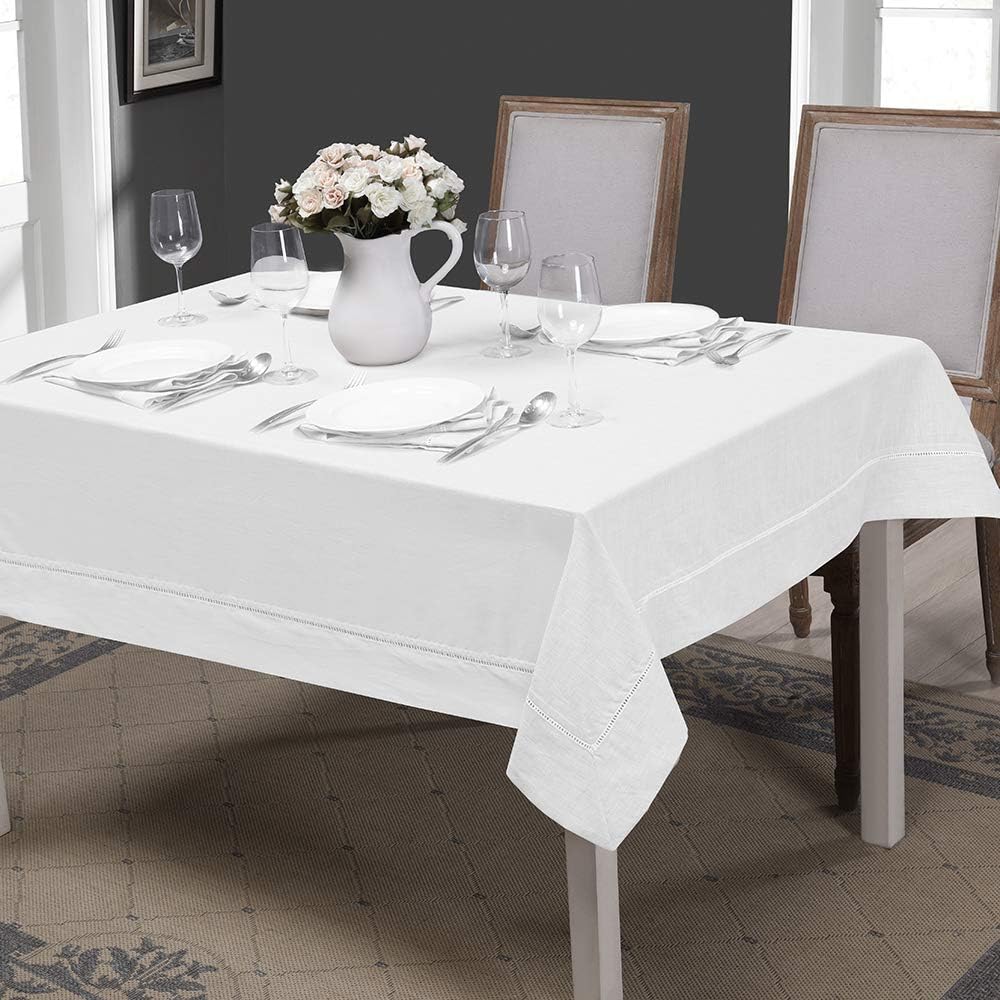 Simple&Opulence Premium 100% Linen Hemstitch Tablecloth-60 x 120 Inch Natural Linen, Natural Fabric, Rectangular Tablecloth for Indoor and Outdoor Use