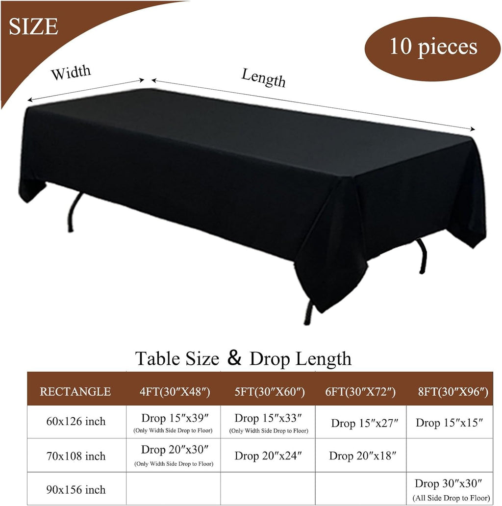 10Pack Black Tablecloths for 8 Foot Rectangle Tables 60 x 126 Inch