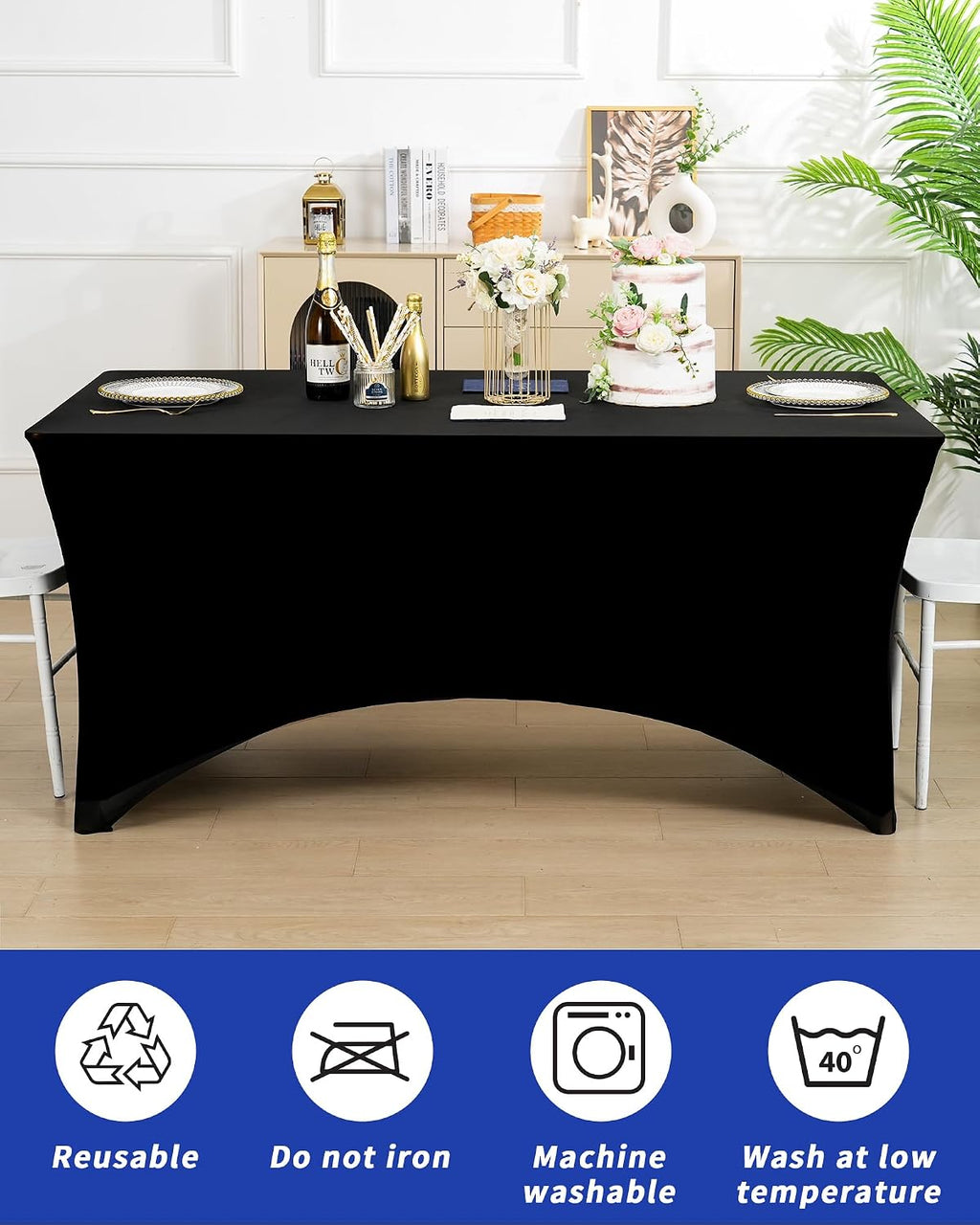 Fixwal 18 Pack 6FT Black Tablecloth Rectangle Spandex Fitted Table Cover