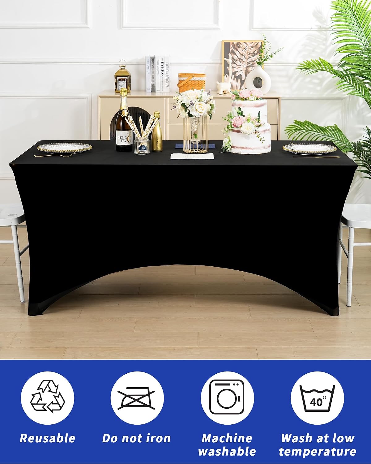 Fixwal 18 Pack 6FT Black Tablecloth Rectangle Spandex Fitted Table Cover