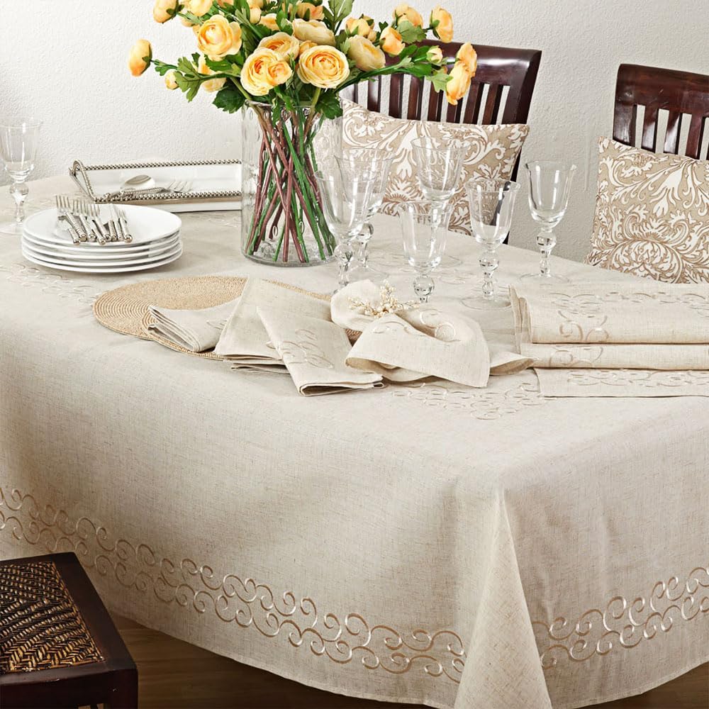 SARO LIFESTYLE Swirling Collection Design Tablecloth, 67" x 160", Natural
