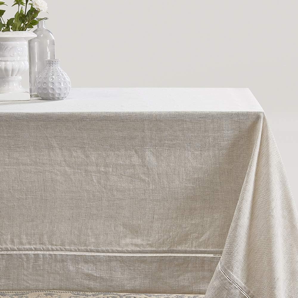 Simple&Opulence Premium 100% Linen Hemstitch Tablecloth-60 x 120 Inch Natural Linen, Natural Fabric, Rectangular Tablecloth for Indoor and Outdoor Use