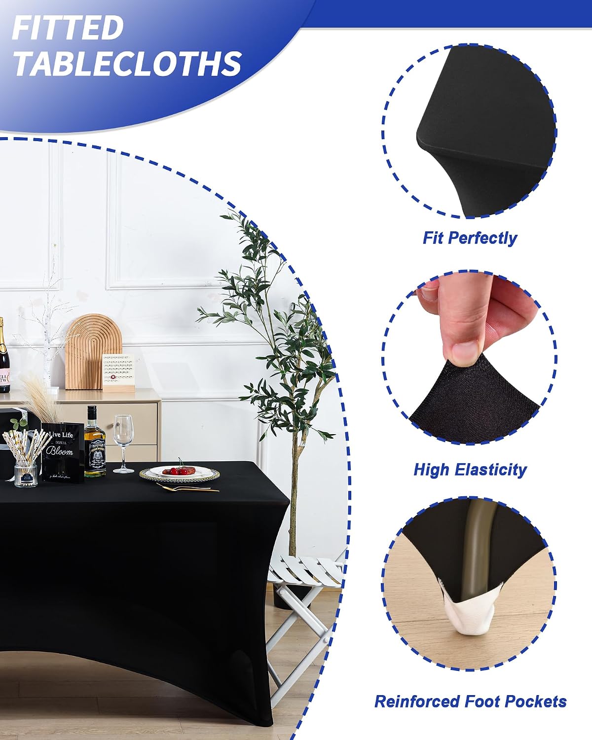 Fixwal 18 Pack 6FT Black Tablecloth Rectangle Spandex Fitted Table Cover