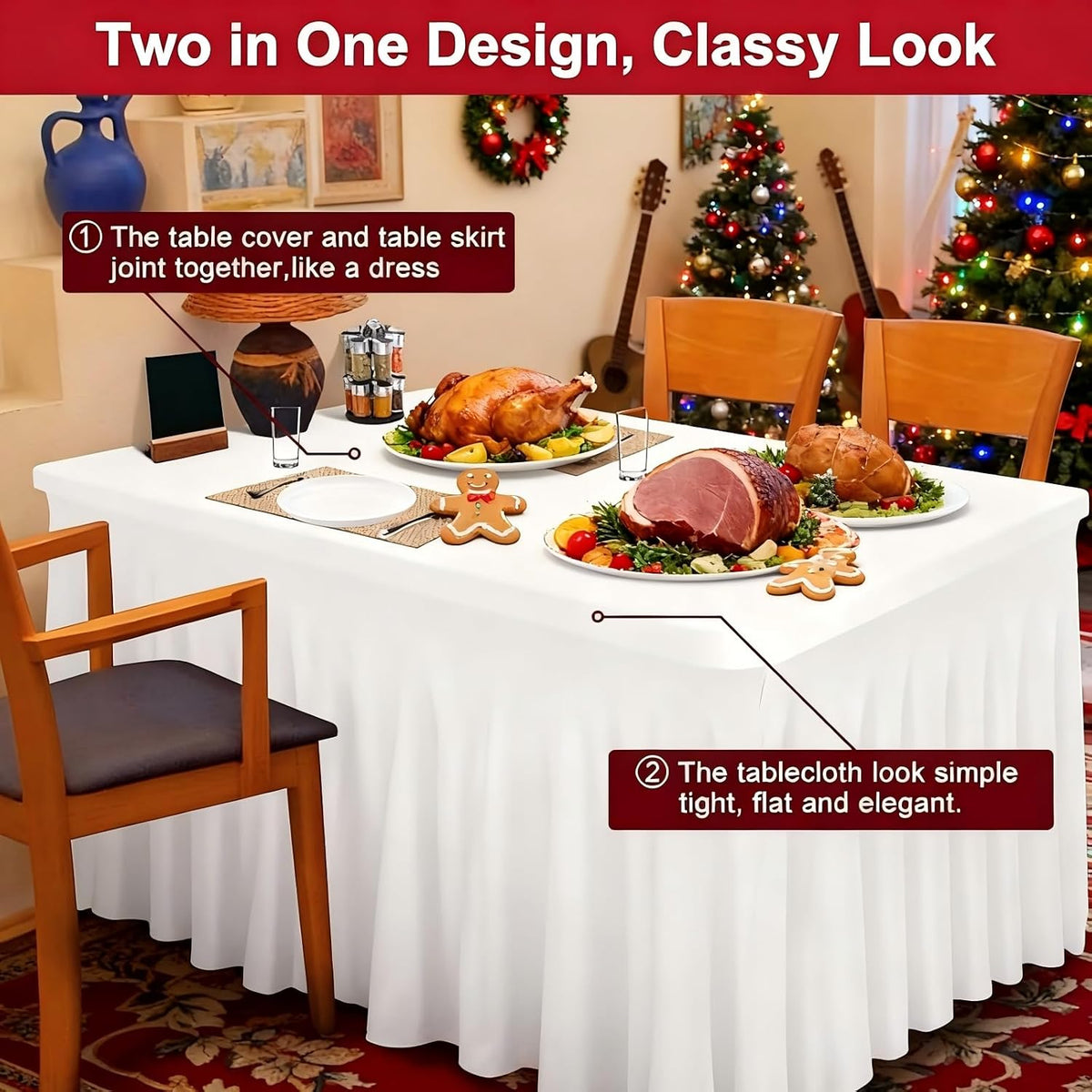 Thick 2 in 1 Spandex Table Skirt Cover 6ft,Rectangle Fitted Tablecloth with Pleated Skirt,Wrinkle Free Rectangular Table Cloth for Banquets and Vendor Event (White, 72"*30"*29",2Pack)