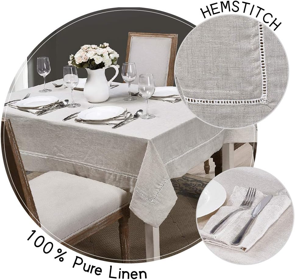 Simple&Opulence Premium 100% Linen Hemstitch Tablecloth-60 x 120 Inch Natural Linen, Natural Fabric, Rectangular Tablecloth for Indoor and Outdoor Use