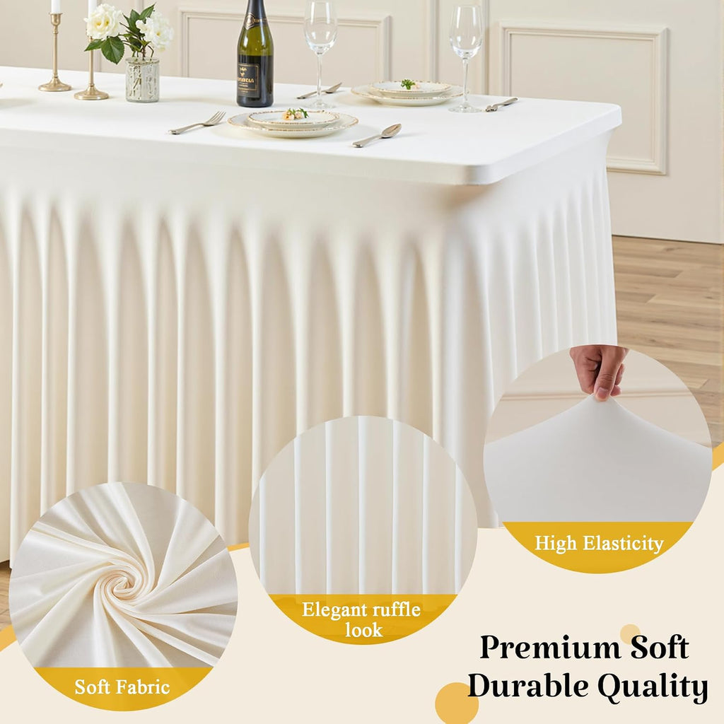 6 Pack Ivory Spandex Table Covers & Table Skirt for 6FT Rectangle Tables - Fitted 6 Foot Stretch Fabric Tablecloth with Pleats, Wrinkle Free for Weddings, Parties, Craft Fairs & Folding Tables