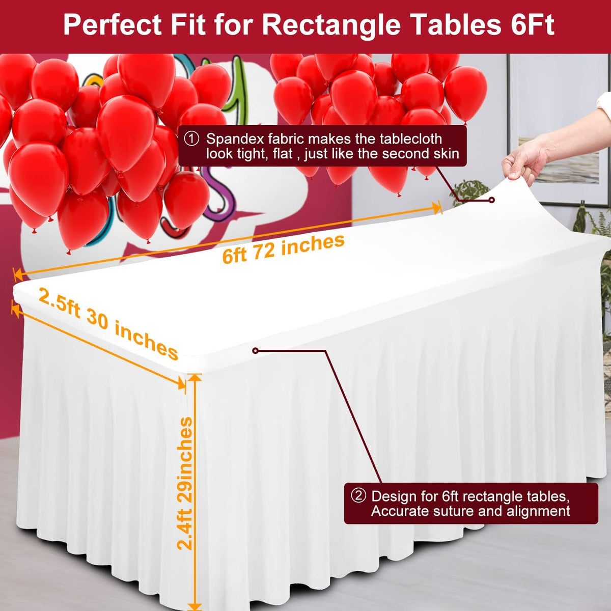 Thick 2 in 1 Spandex Table Skirt Cover 6ft,Rectangle Fitted Tablecloth with Pleated Skirt,Wrinkle Free Rectangular Table Cloth for Banquets and Vendor Event (White, 72"*30"*29",2Pack)