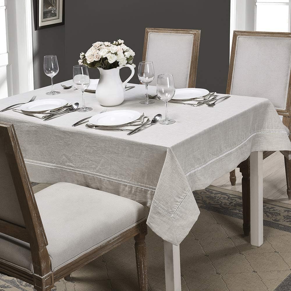 Simple&Opulence Premium 100% Linen Hemstitch Tablecloth-60 x 120 Inch Natural Linen, Natural Fabric, Rectangular Tablecloth for Indoor and Outdoor Use