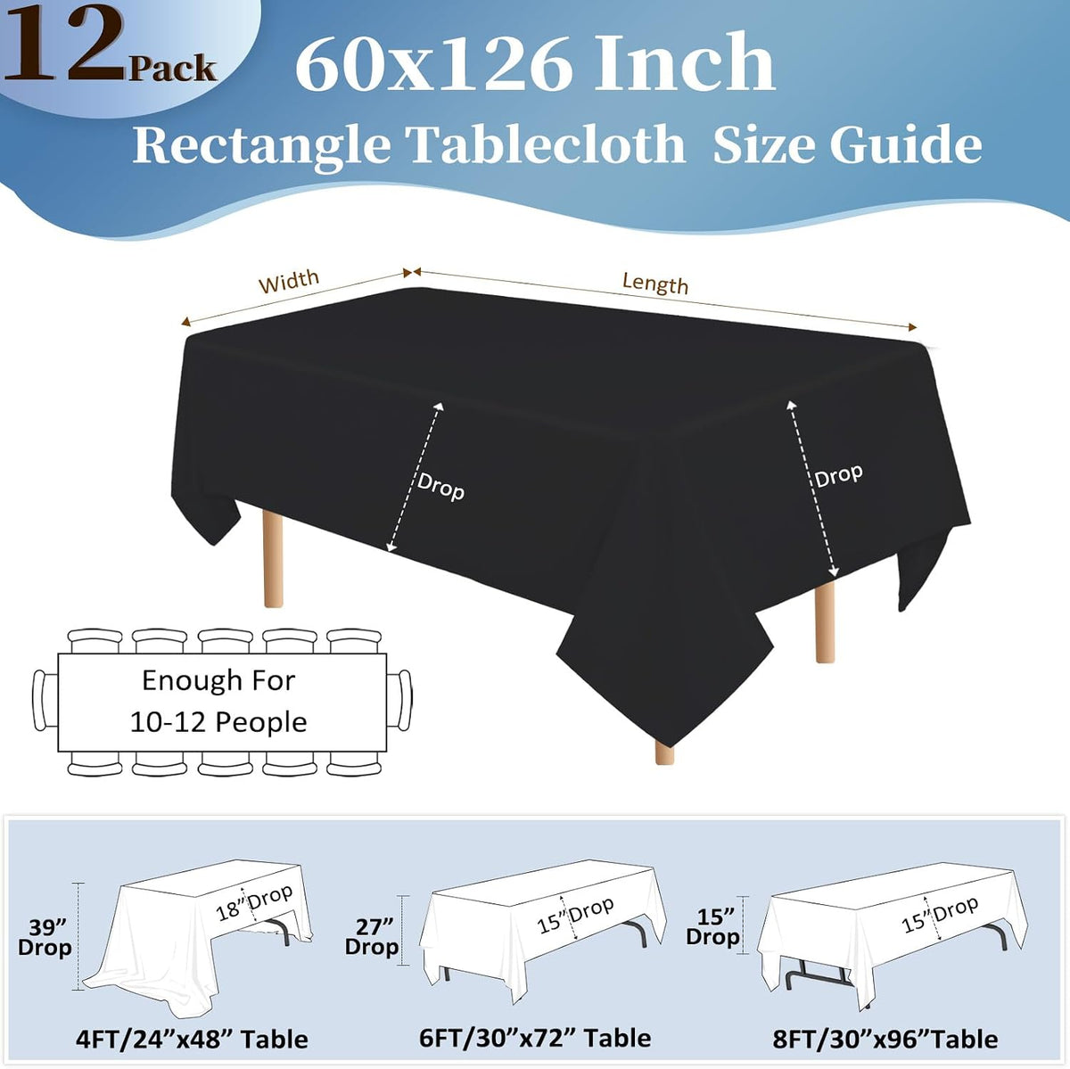 12 Pack 60 x 126 Inch Black Tablecloths for 8 Foot Rectangle Tables
