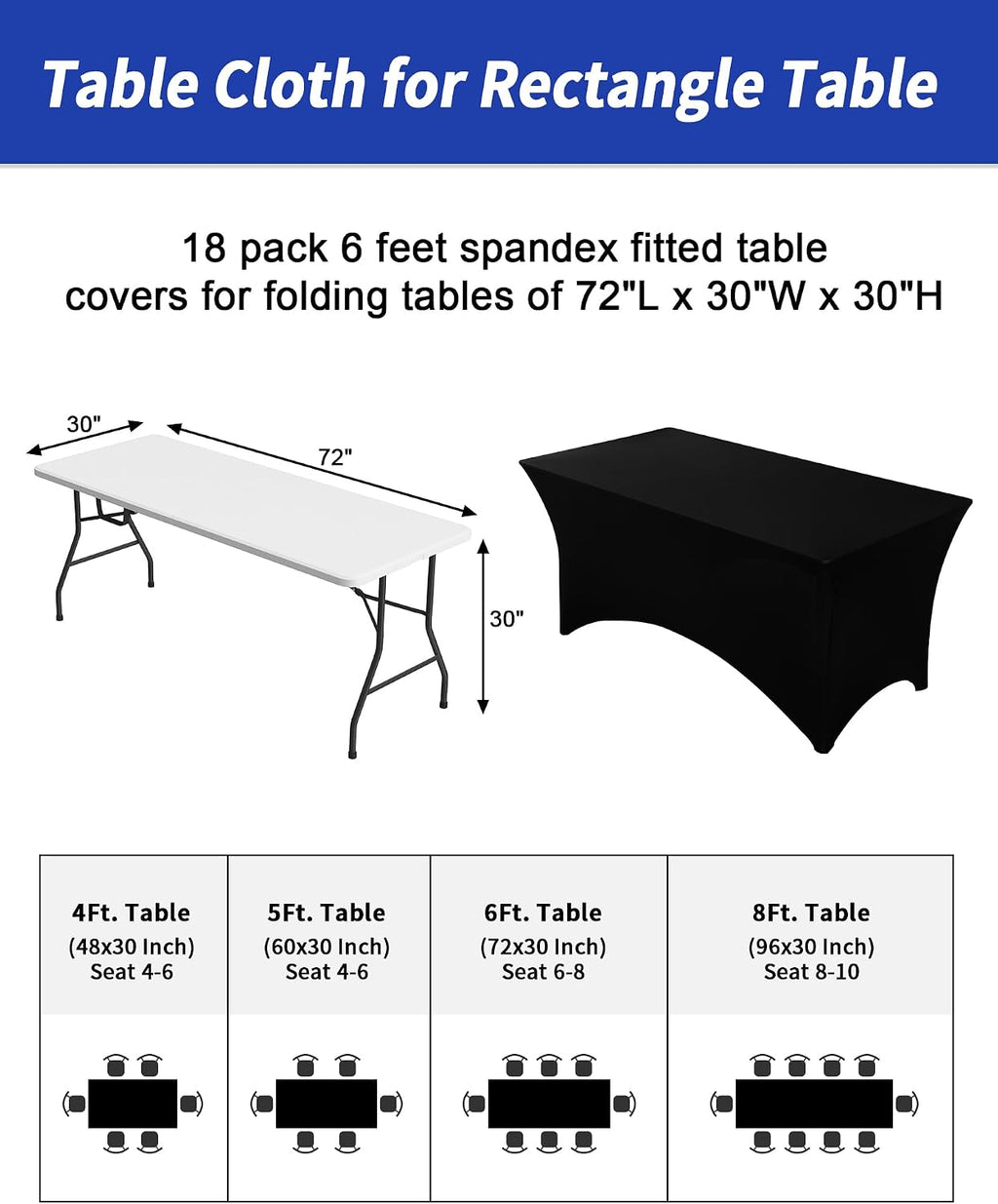 Fixwal 18 Pack 6FT Black Tablecloth Rectangle Spandex Fitted Table Cover