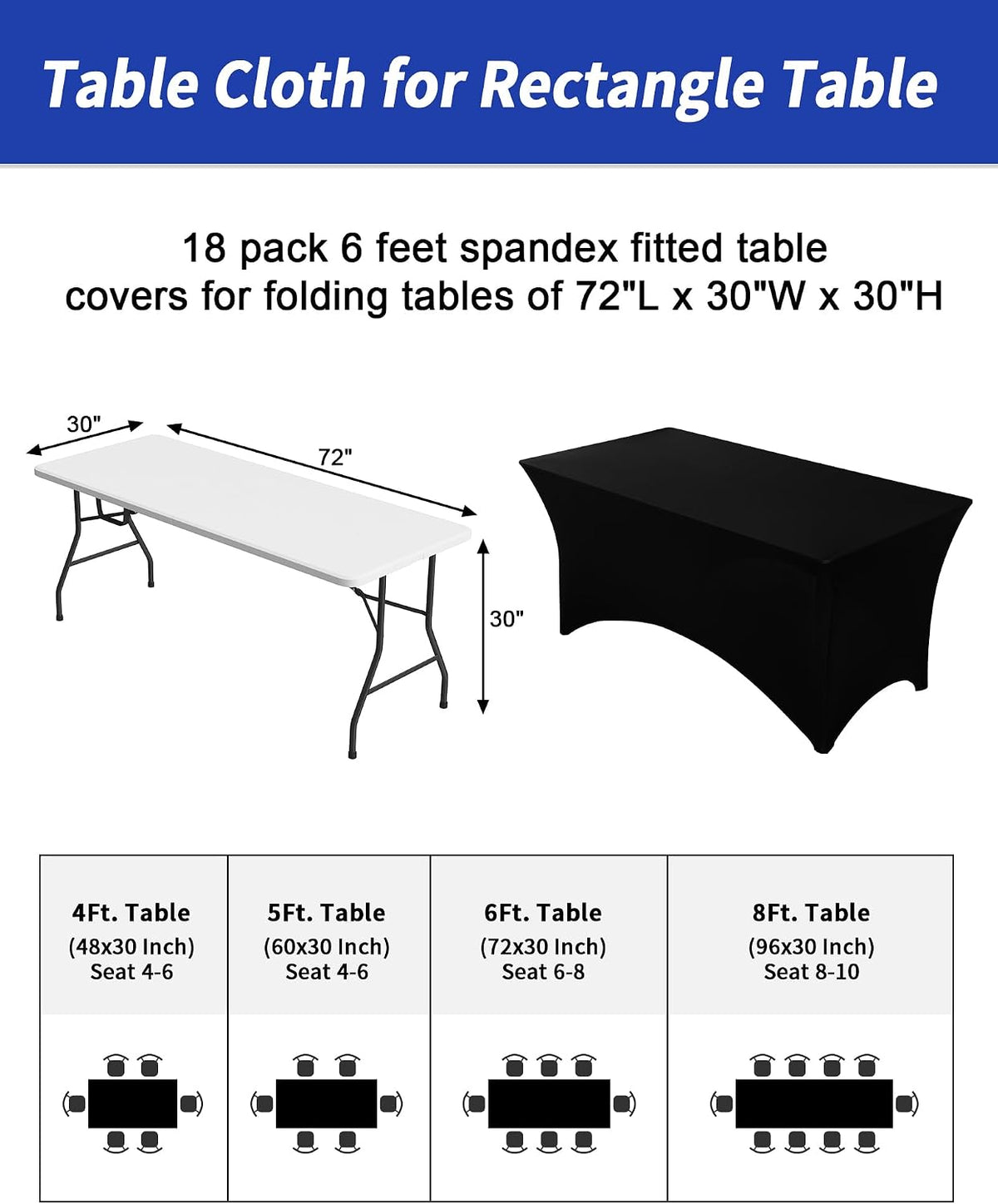 Fixwal 18 Pack 6FT Black Tablecloth Rectangle Spandex Fitted Table Cover