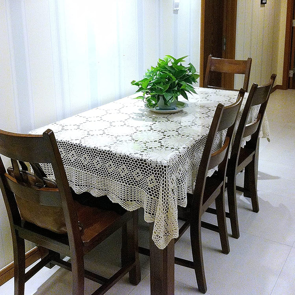 USTIDE Shabby Handmade Crochet Tablecloth Rectangle Romantic Table Cover Beige Lace Design Table Overlays Rectangular 62inchesx82inches