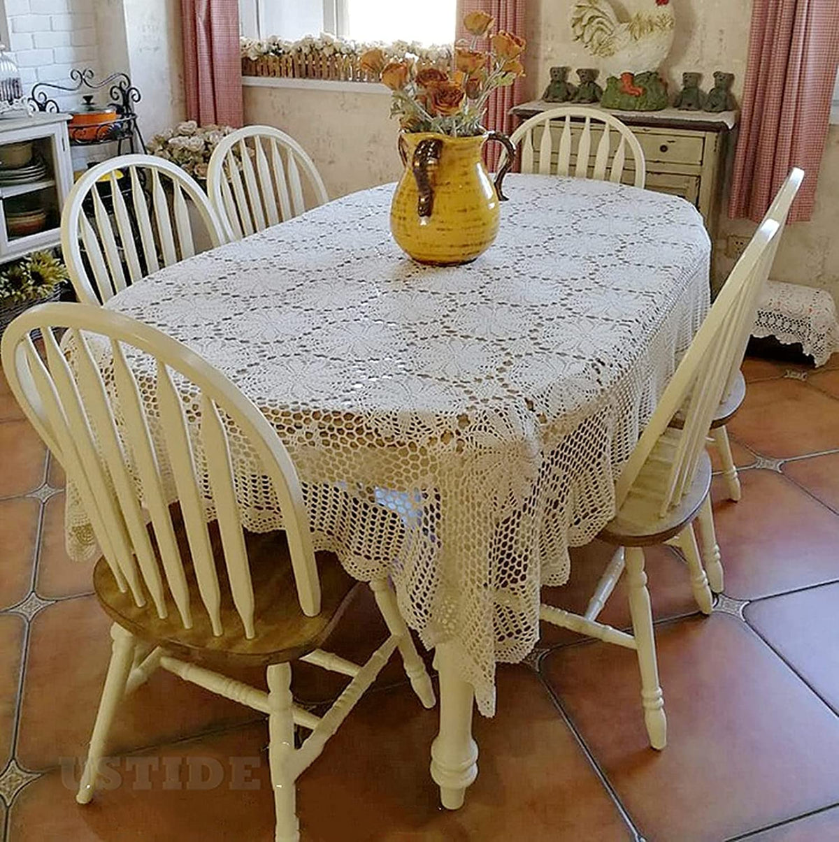USTIDE Shabby Handmade Crochet Tablecloth Rectangle Romantic Table Cover Beige Lace Design Table Overlays Rectangular 62inchesx82inches