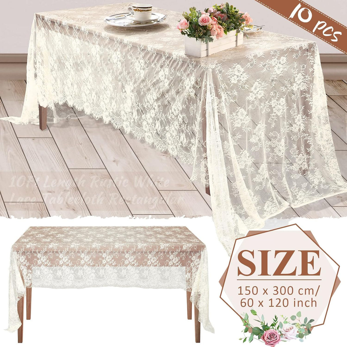 Reginary Ivory Lace Tablecloths - 10 Pack, 59 x 118 Inches, Floral Lace Embroidered Rectangle Table Overlay for Wedding, Baby Shower, Party Supplies