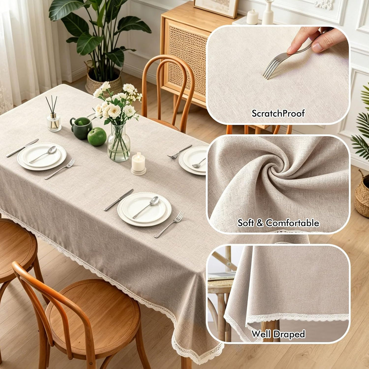 Khaki Faux Linen Rectangle Waterproof Tablecloth