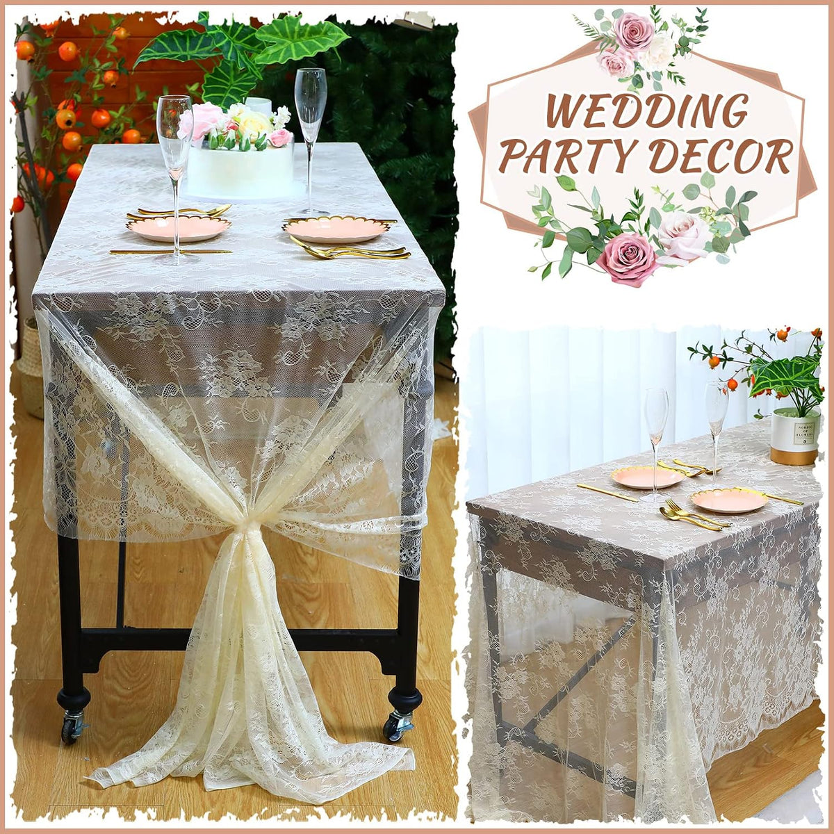 Reginary Ivory Lace Tablecloths - 10 Pack, 59 x 118 Inches, Floral Lace Embroidered Rectangle Table Overlay for Wedding, Baby Shower, Party Supplies