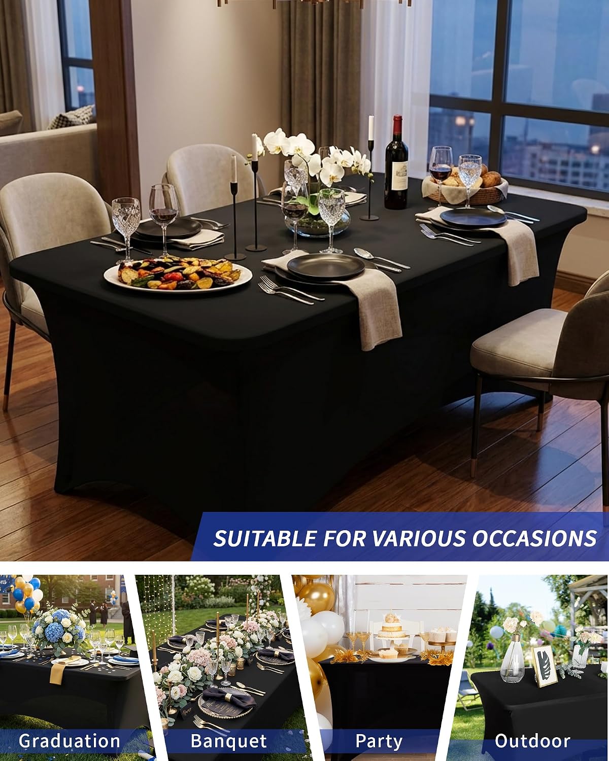 Fixwal 18 Pack 6FT Black Tablecloth Rectangle Spandex Fitted Table Cover